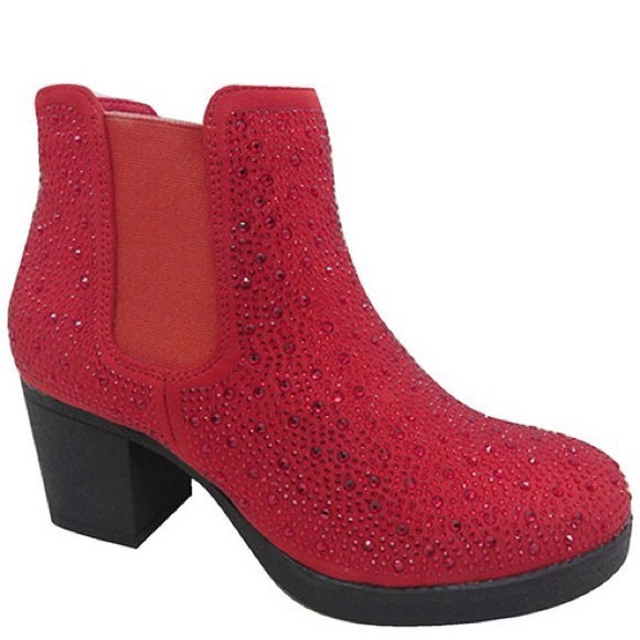 Christmas Holiday Red Rhinestone Metallic Embellished Slip On Chelsea Bootie - Picture 7 of 8